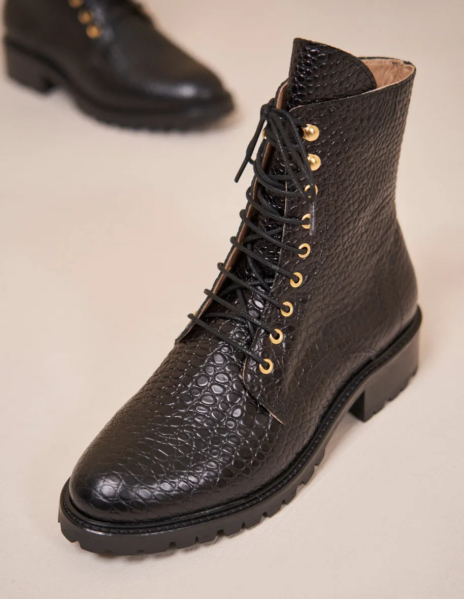 Bottines à lacets Noemie - Cuir croco noir