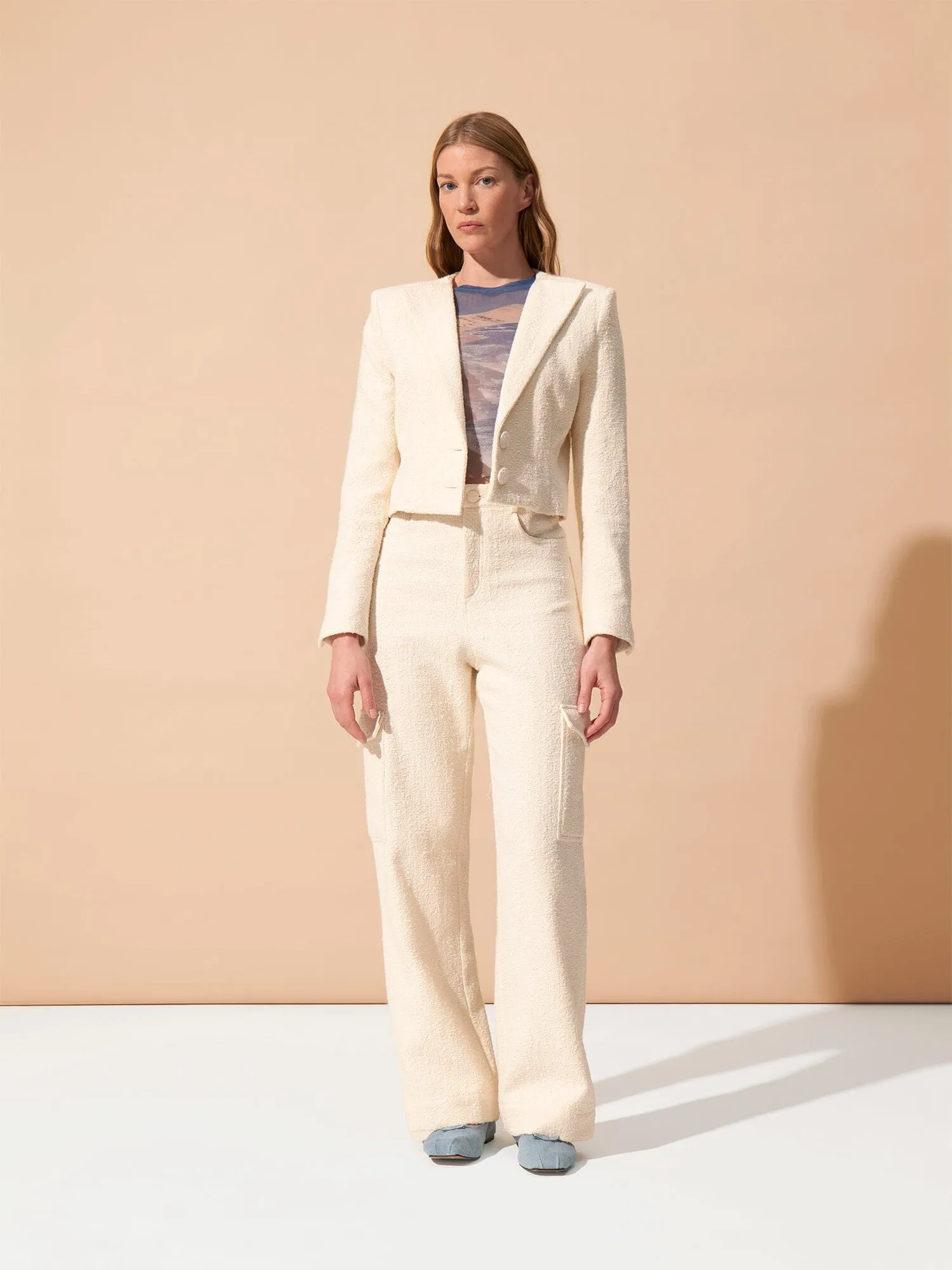 HEALY - Pantalon cargo en tweed coton et laine texturé Ecru