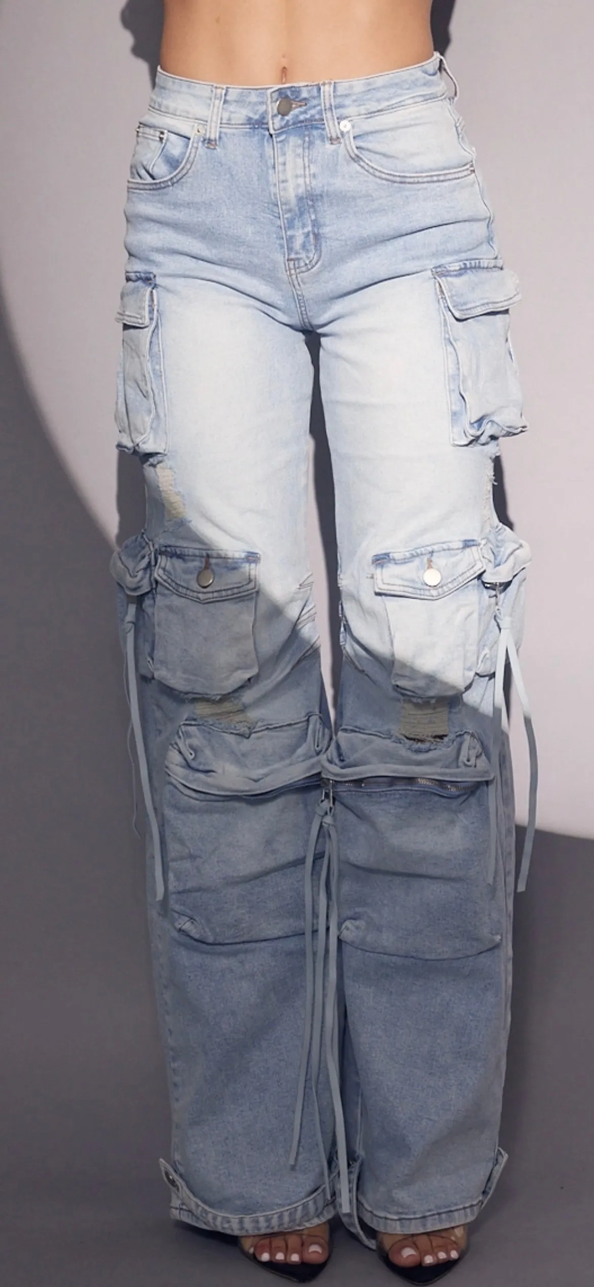 Jean cargo bleu délavé pour femme