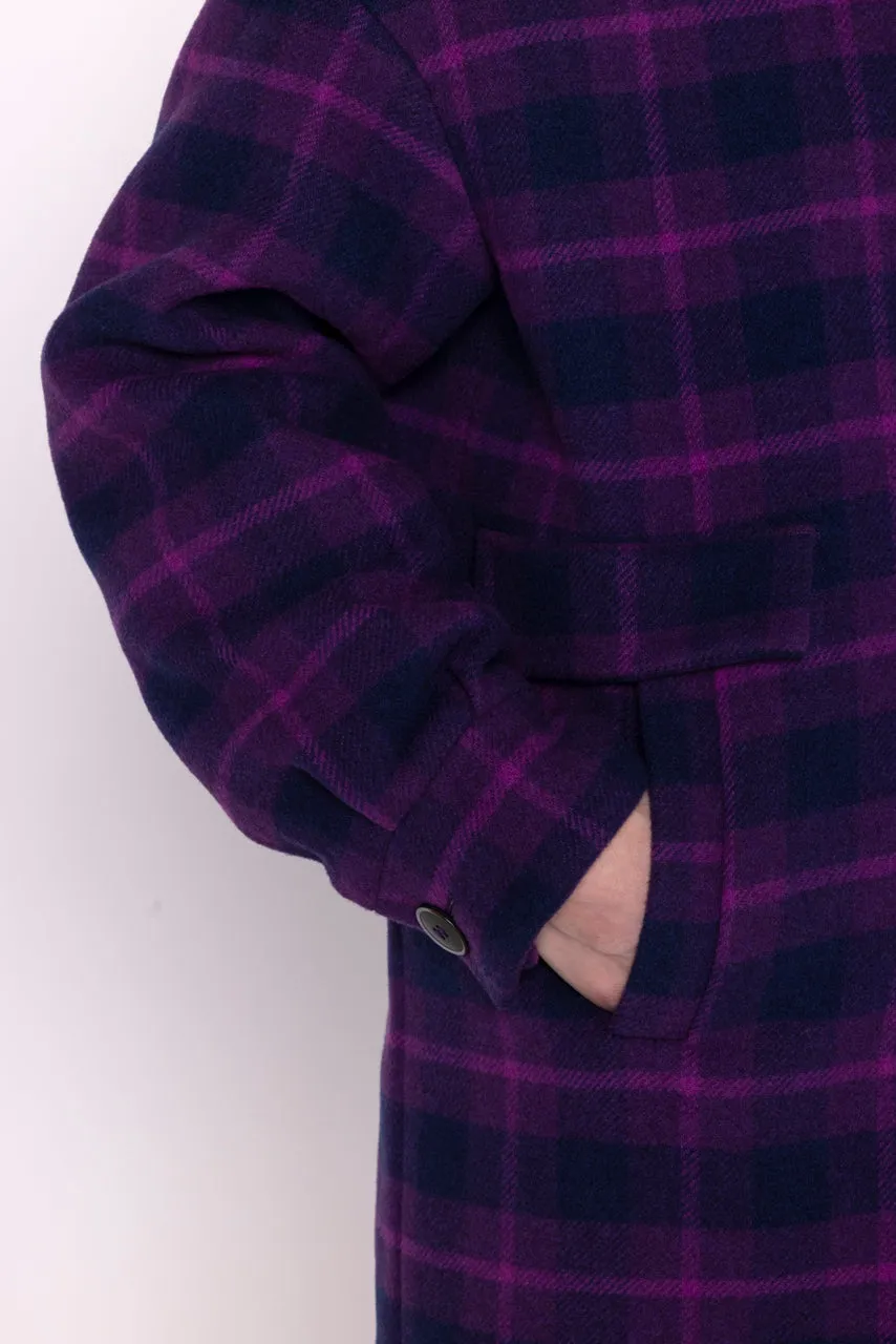 Manteau droit féminin à carreaux violet