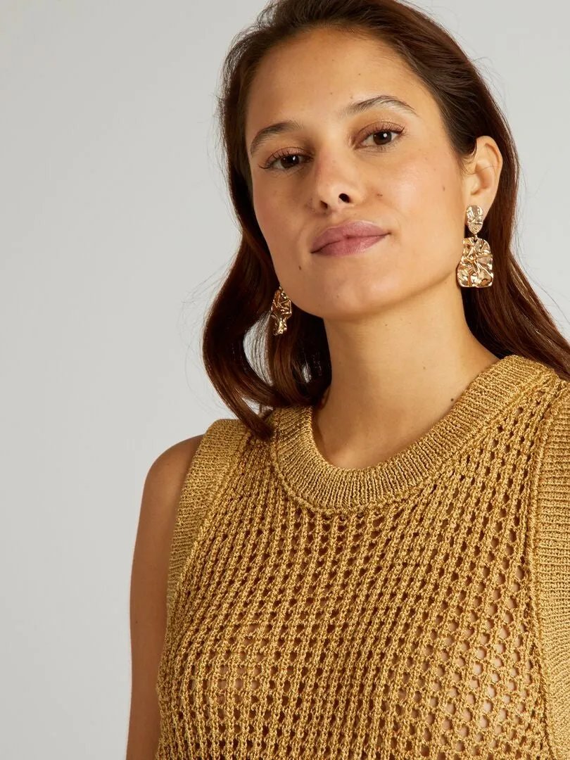 Pull court sans manches en crochet - Beige
