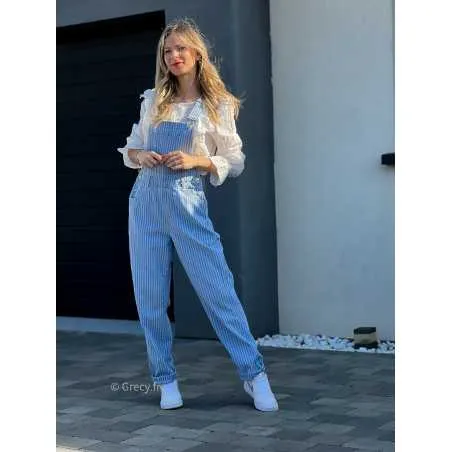 Salopette denim bleu à rayures blanches